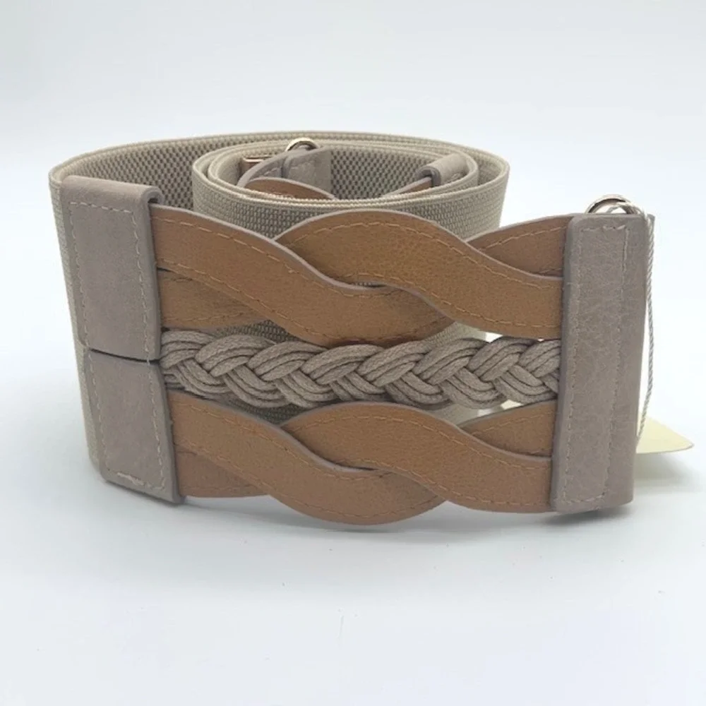 NWT Boho Coastal Wide Stretch Waist Belt 2XL Braided Woven Neutral Minimalist